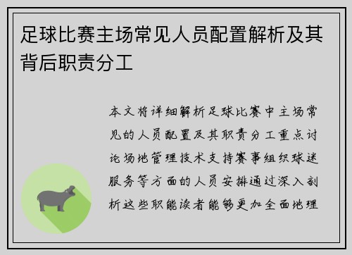 足球比赛主场常见人员配置解析及其背后职责分工