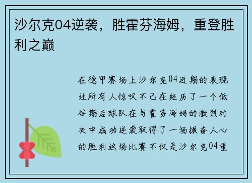沙尔克04逆袭，胜霍芬海姆，重登胜利之巅